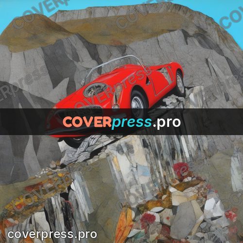 Mixed media illustration: red car among the rocks