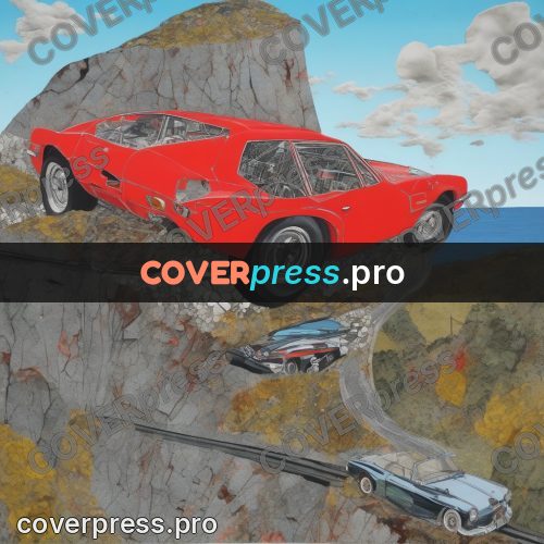 Mixed media illustration: red car among the rocks