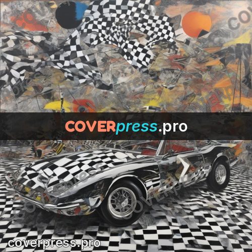 Mixed media illustration: car on a checkered field