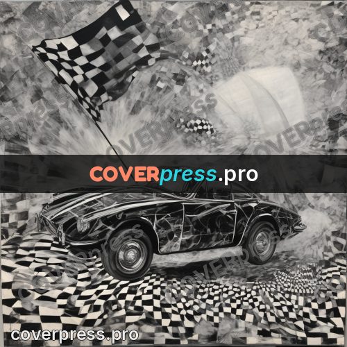 Mixed media illustration: car on a checkered field