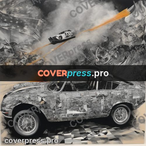 Mixed media illustration: car on a checkered field