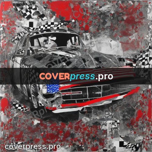 Mixed media illustration: car on red and black scraps
