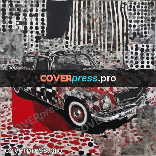 Mixed media illustration: car on red and black scraps