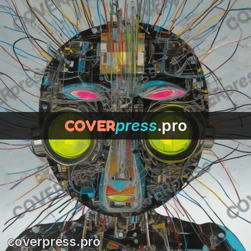 Mixed media illustration: robot head with yellow eyes