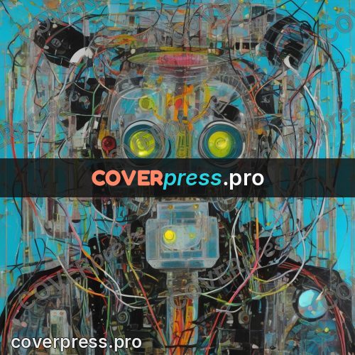 Mixed media illustration: robot head with yellow eyes