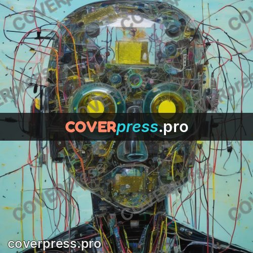 Mixed media illustration: robot head with yellow eyes