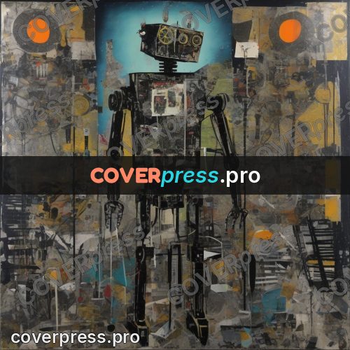 Mixed media illustration: tall robot of parts