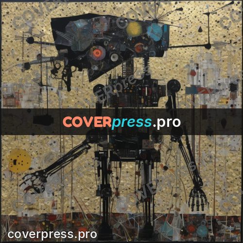 Mixed media illustration: tall robot of parts