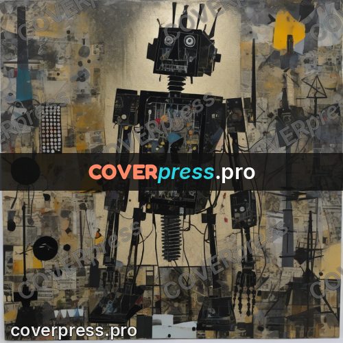 Mixed media illustration: tall robot of parts