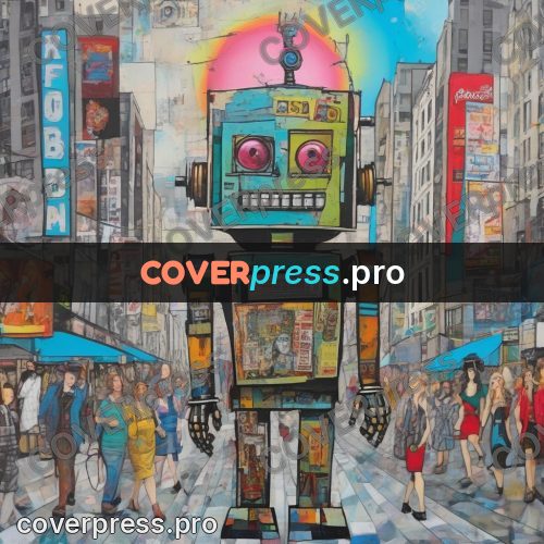 Mixed media illustration: robot among passersby