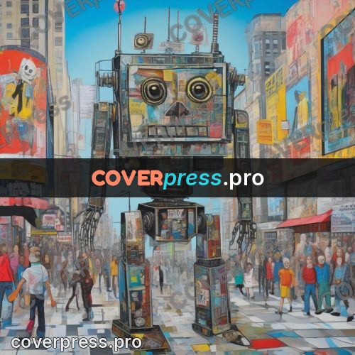 Mixed media illustration: robot among passersby