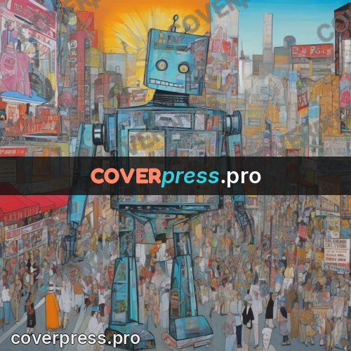 Mixed media illustration: robot among passersby