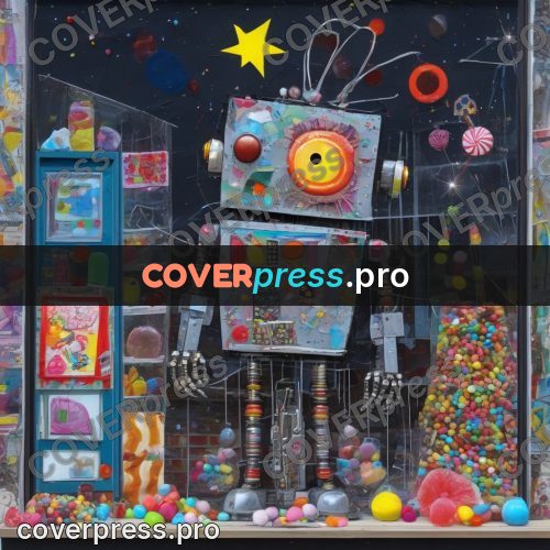Mixed media illustration: robot at a sweet shop window