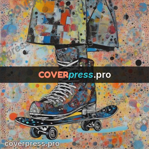 Mixed media illustration: skater legs on a board
