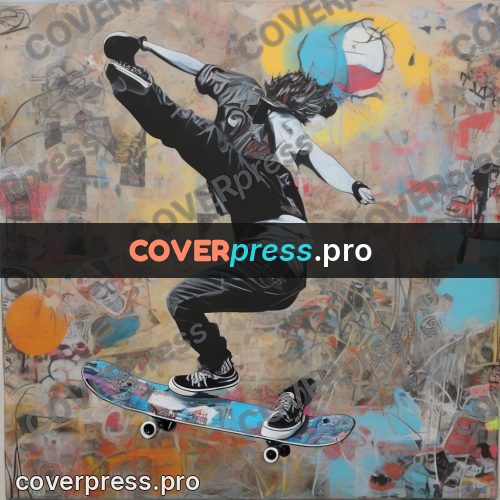 Mixed media illustration: skater in the air