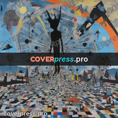 Mixed media illustration: black figure with spiky hair