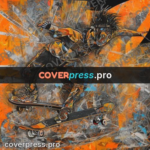 Mixed media illustration: skater against an orange burst
