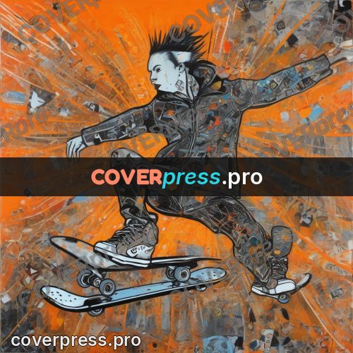 Mixed media illustration: skater against an orange burst