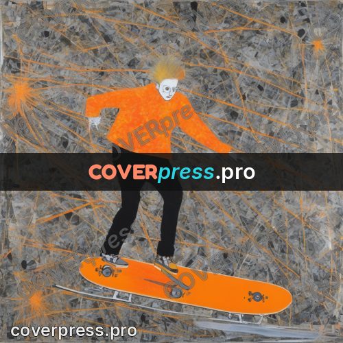 Mixed media illustration: skater riding on grey ground