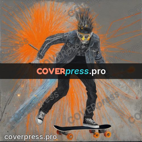 Mixed media illustration: skater riding on grey ground