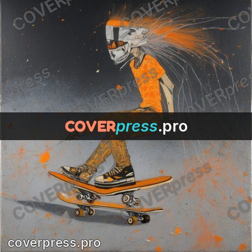 Mixed media illustration: skater riding on grey ground