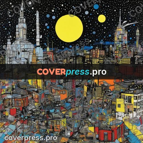 Mixed media illustration: night city with a yellow moon