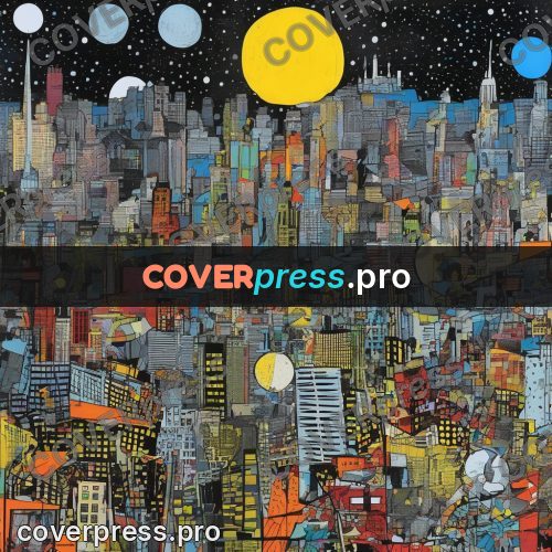 Mixed media illustration: night city with a yellow moon