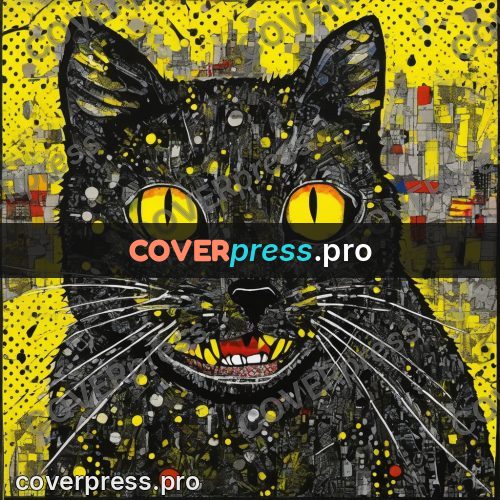 Mixed media illustration: black cat face with yellow eyes