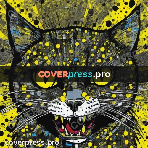 Mixed media illustration: black cat face with yellow eyes
