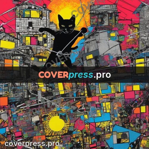 Mixed media illustration: black cat leaping over a city