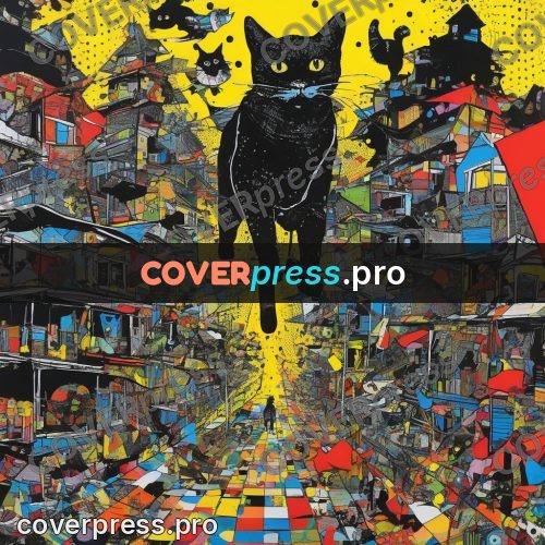 Mixed media illustration: black cat leaping over a city