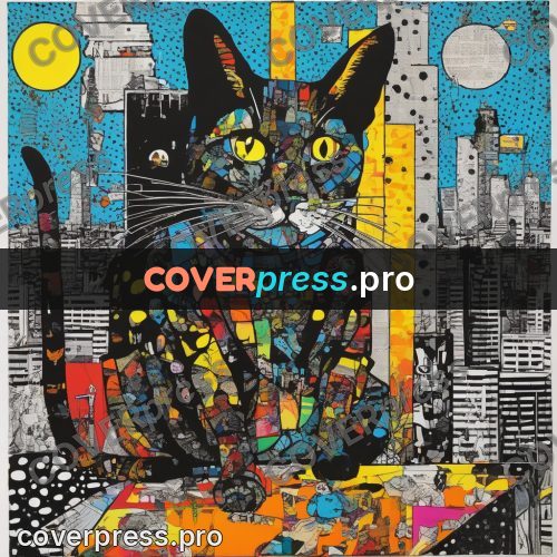 Mixed media illustration: black cat on the rooftops