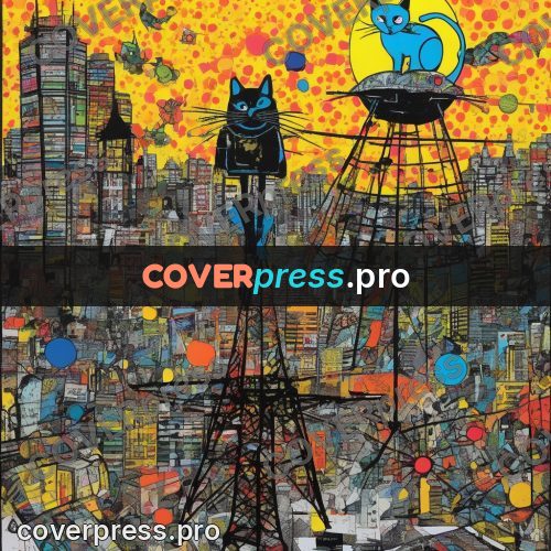 Mixed media illustration: black cat on the rooftops