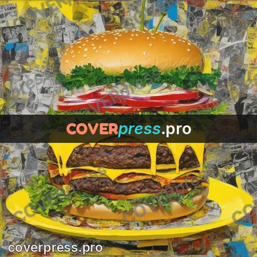 Mixed media illustration: huge burger on a plate