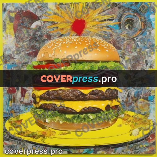 Mixed media illustration: huge burger on a plate