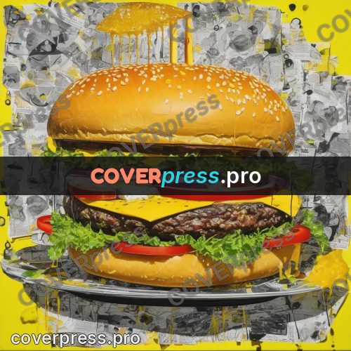 Mixed media illustration: huge burger on a plate