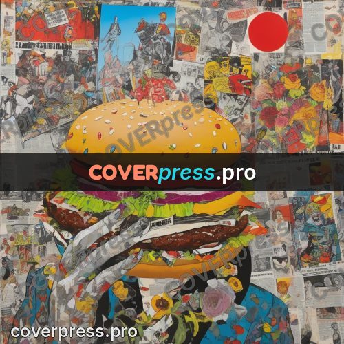 Mixed media illustration: burger on newsprint scraps