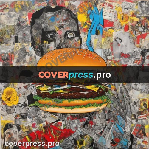 Mixed media illustration: burger on newsprint scraps