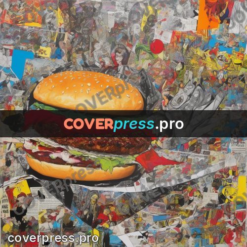 Mixed media illustration: burger on newsprint scraps