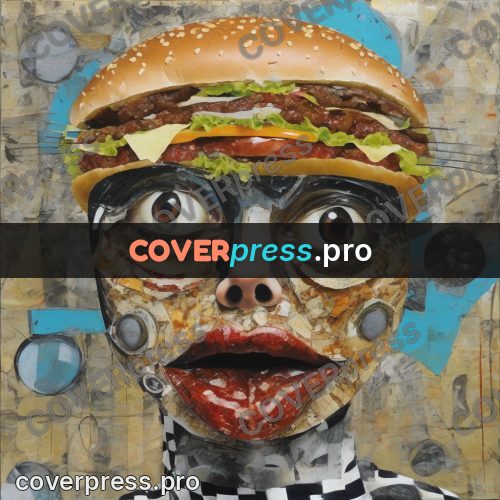 Mixed media illustration: face made of burger pieces