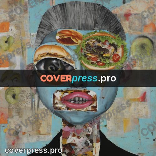 Mixed media illustration: face made of burger pieces
