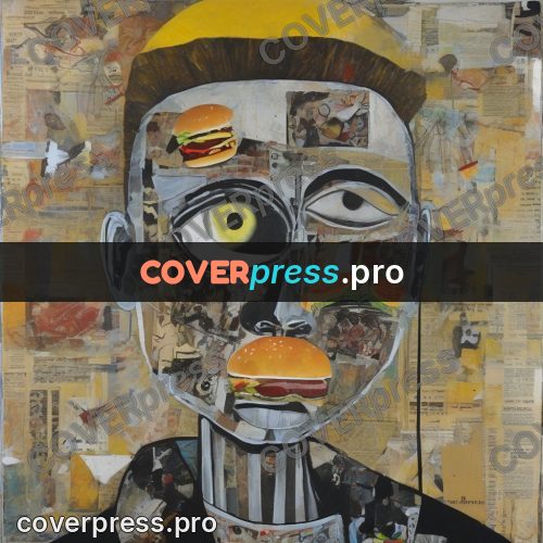 Mixed media illustration: face made of burger pieces