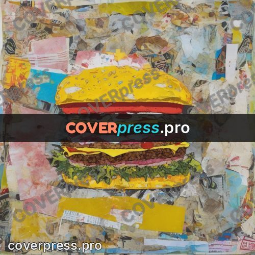 Mixed media illustration: burger among coloured patches