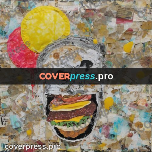 Mixed media illustration: burger among coloured patches