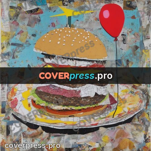Mixed media illustration: burger among coloured patches