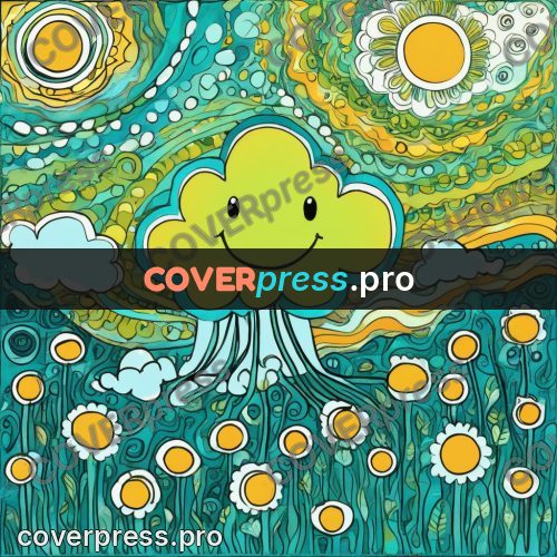 Doodle drawing: sun and clouds among swirls