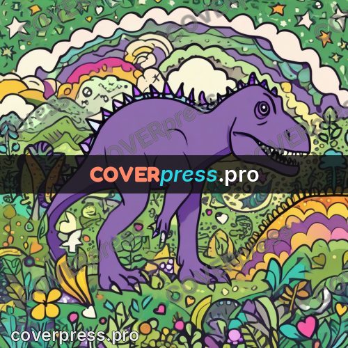 Doodle drawing: dinosaur among grass and flowers