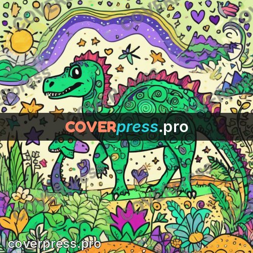 Doodle drawing: dinosaur among grass and flowers