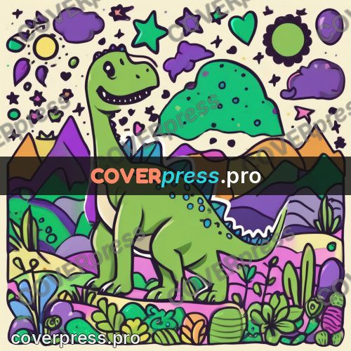 Doodle drawing: dinosaur among grass and flowers