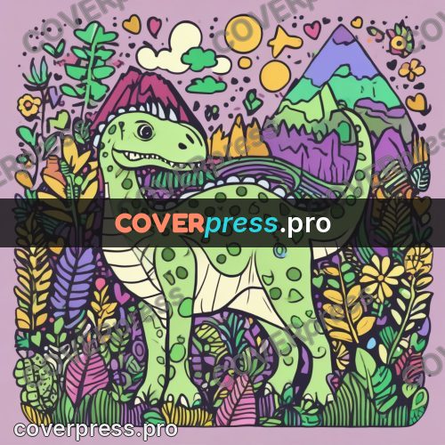 Doodle drawing: dinosaur among grass and flowers